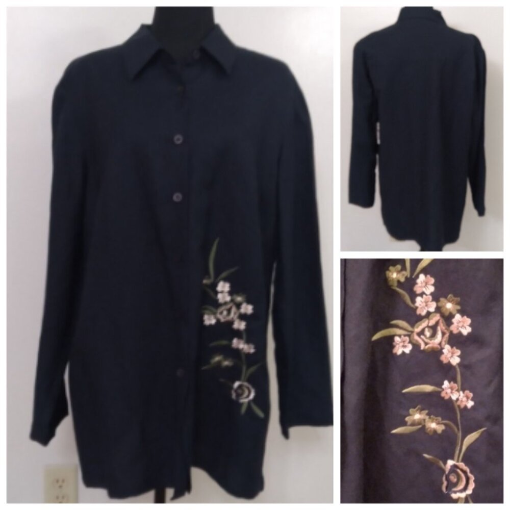 New Worthington 16W Indigo Blue Top Shirt Floral Embroider Linen/Rayon Lg Sleeve